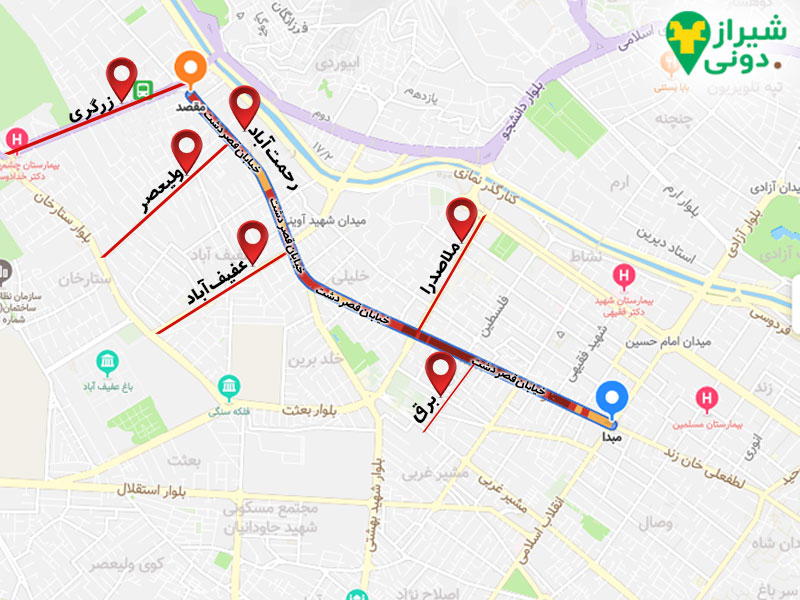 مهم‌ترین خیابان‌های شناخته‌شده در محدوده قصردشت شیراز