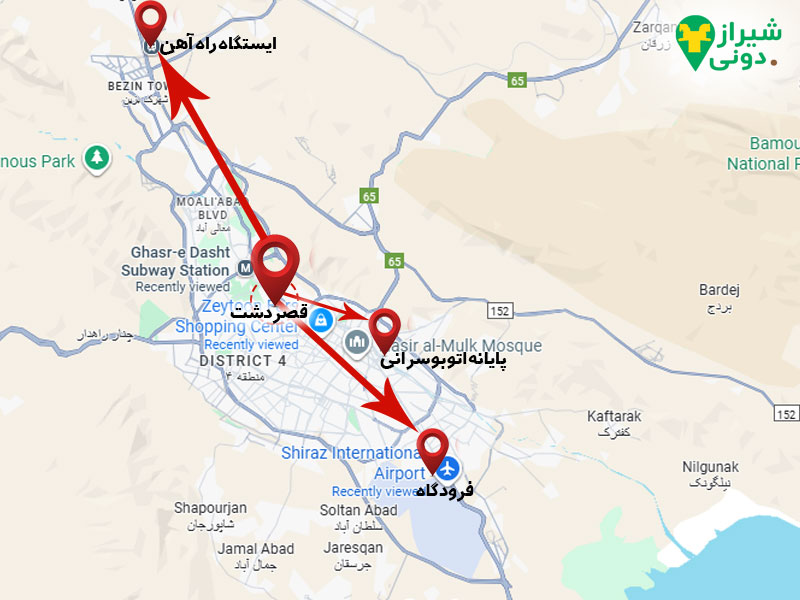 فاصله قصردشت شیراز تا نقاط مهم شهر