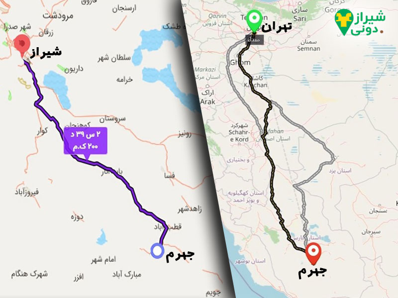 فاصله جهرم تا شهرهای مهم شیراز و تهران