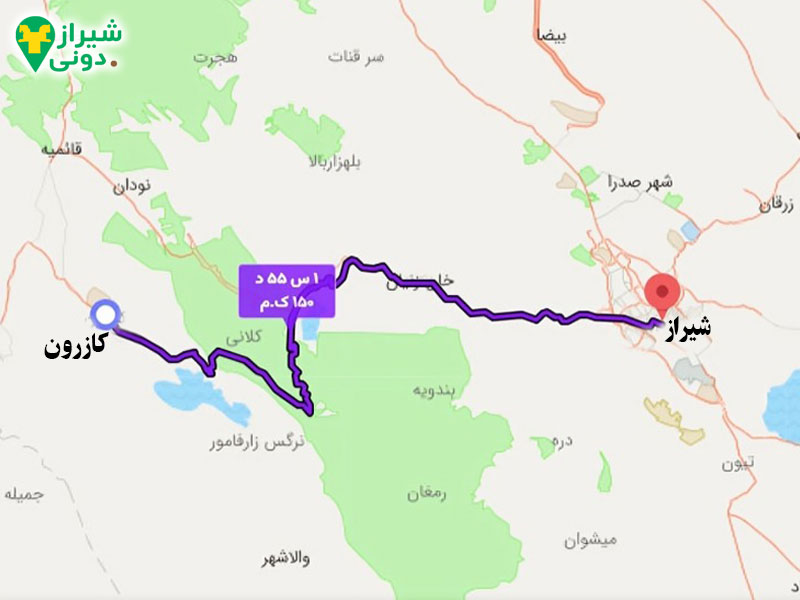 فاصله و مسیر کازرون به شیراز
